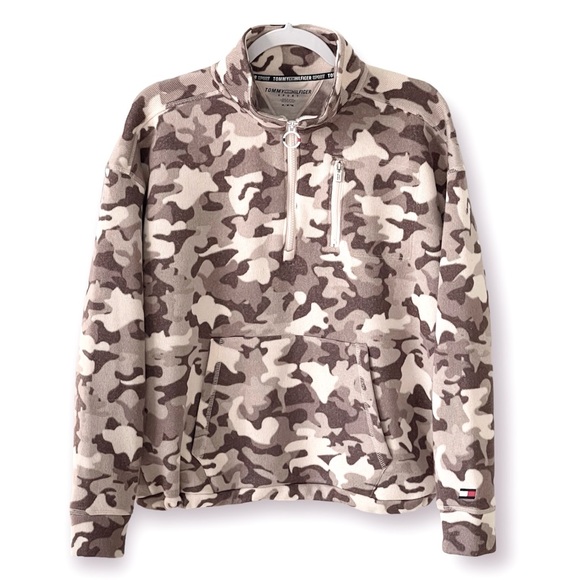 RARE Tommy Hilfiger Camo Knit Fleece Sweatshirt  Flunnel Neck Women Zip Stretch - Picture 1 of 13